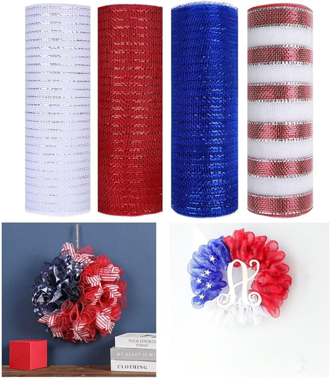 4 Rolls Deco Mesh Ribbon for 4th of July Wreath Making Supplies, 10Inch x 30Ft Metallic Burlap Mesh Red White Blue Deco Mesh Rolls for Independence Day Patriotic DIY Crafts Wreaths Decor